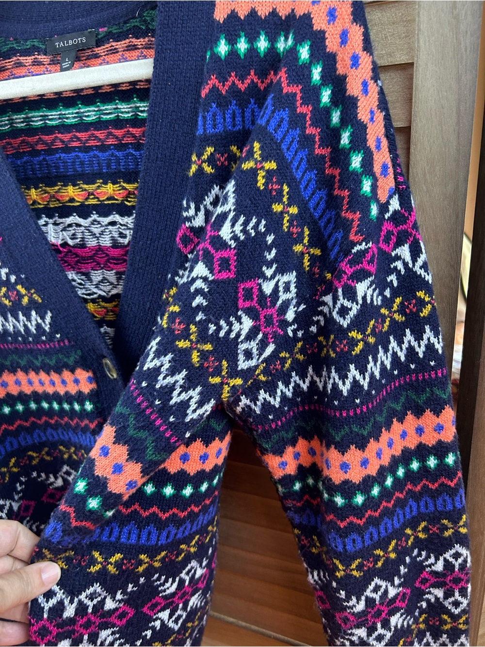 Talbots Fair Isle Cardigan Sweater Large Navy Multicolor Button Front Cozy - Picture 5 of 8